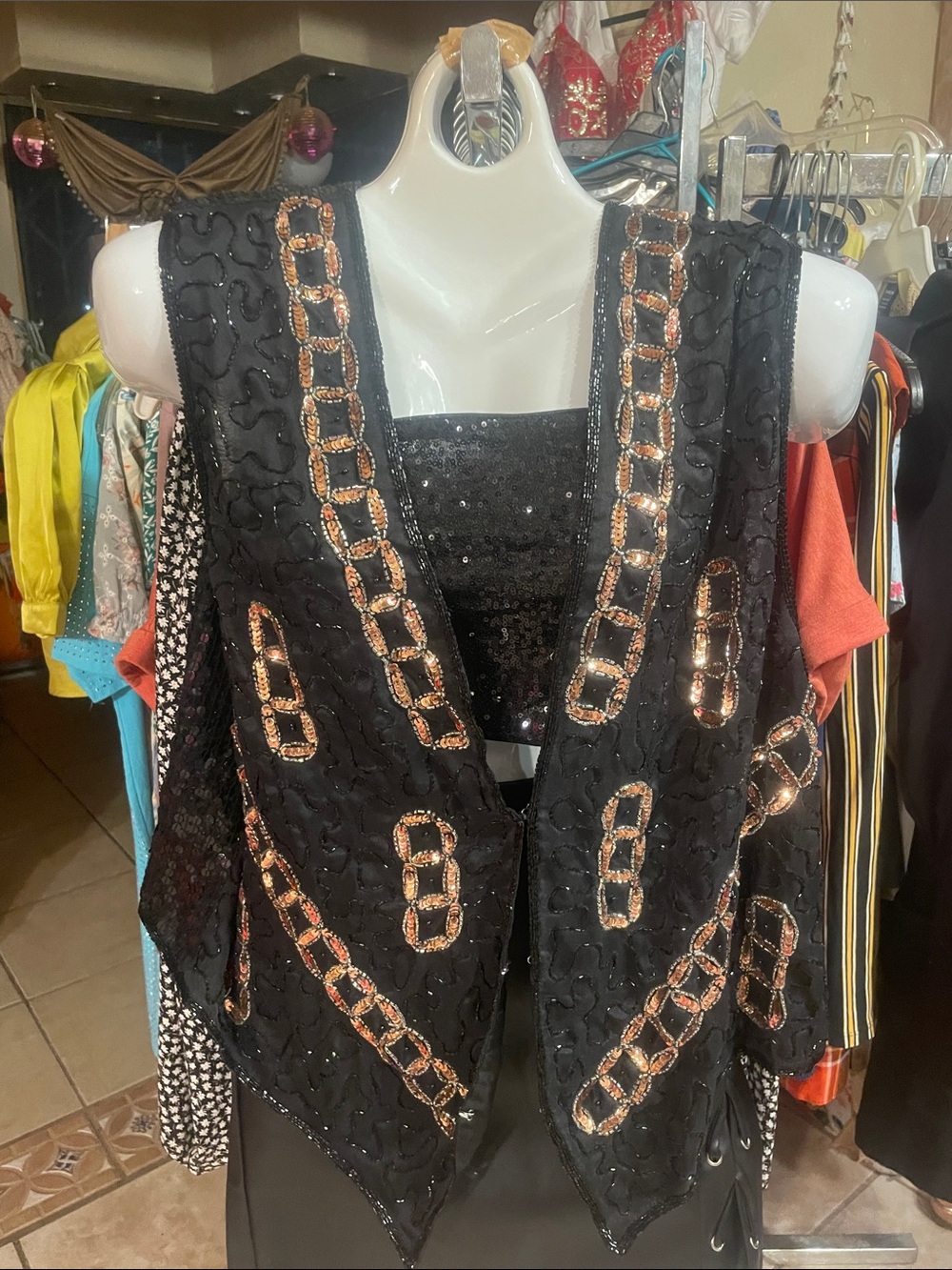 Black Sequin Chain-Embellished Vest for Women